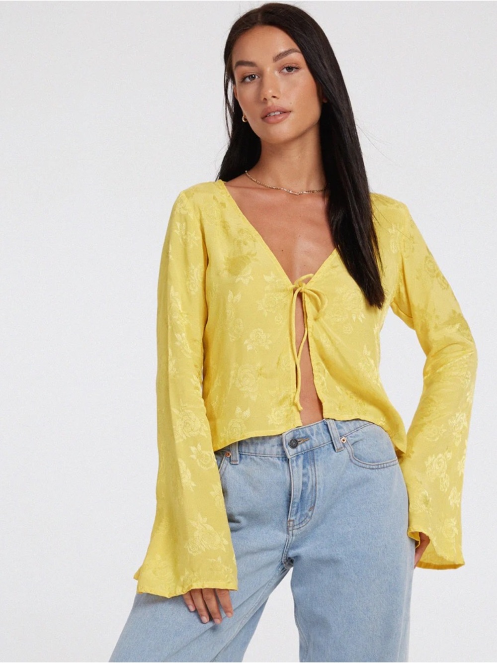 Motel Yellow Tie-Front Floral Jacquard Top